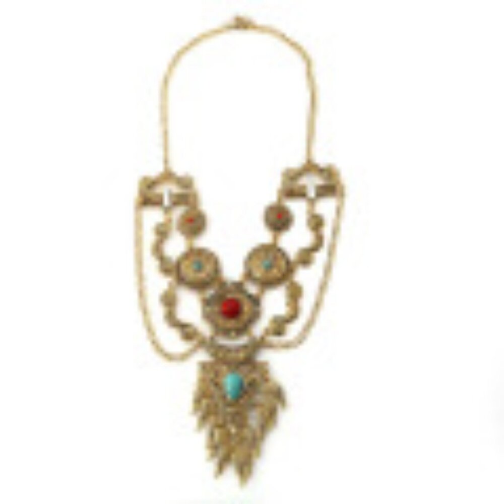 #038 Retro Hollow With Turquoise Wings Tassel Necklace